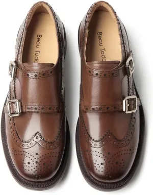 BEAU TODAY Loafers for Women, Monk Strap Brogue Leather Loafer Shoes for Women, Comfortable Square Toe Loafer Flats, Business Casual Vintage Dress Shoes