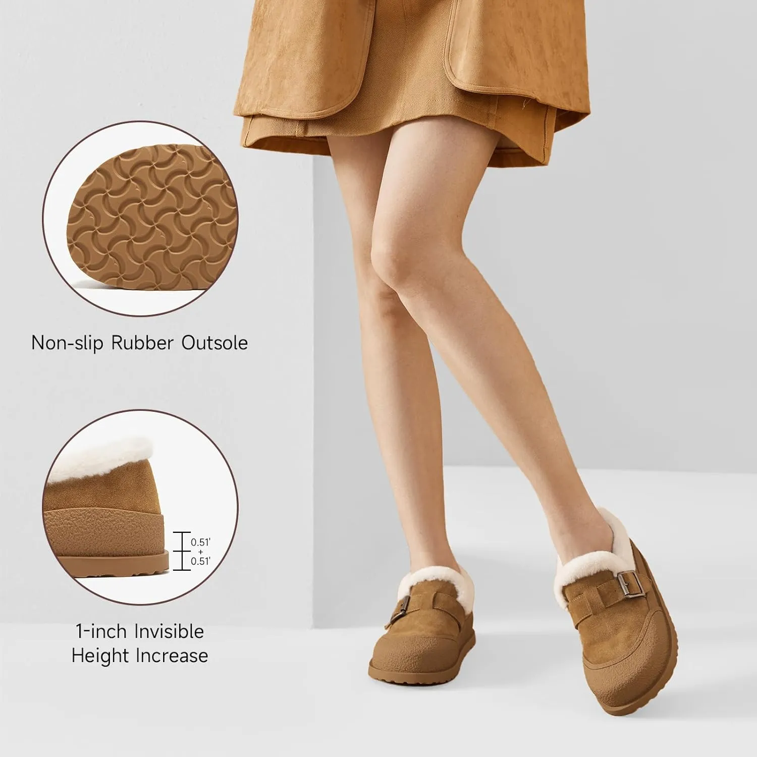 BEAU TODAY Women Winter Loafers,Platform Suede Leather Comfortable Loafers for Women,Slip On Cute Fur Lined Adjustable Loafers Mules