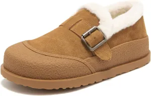BEAU TODAY Women Winter Loafers,Platform Suede Leather Comfortable Loafers for Women,Slip On Cute Fur Lined Adjustable Loafers Mules