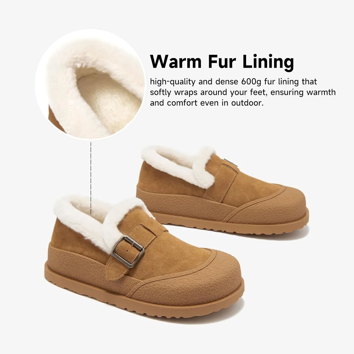 BEAU TODAY Women Winter Loafers,Platform Suede Leather Comfortable Loafers for Women,Slip On Cute Fur Lined Adjustable Loafers Mules