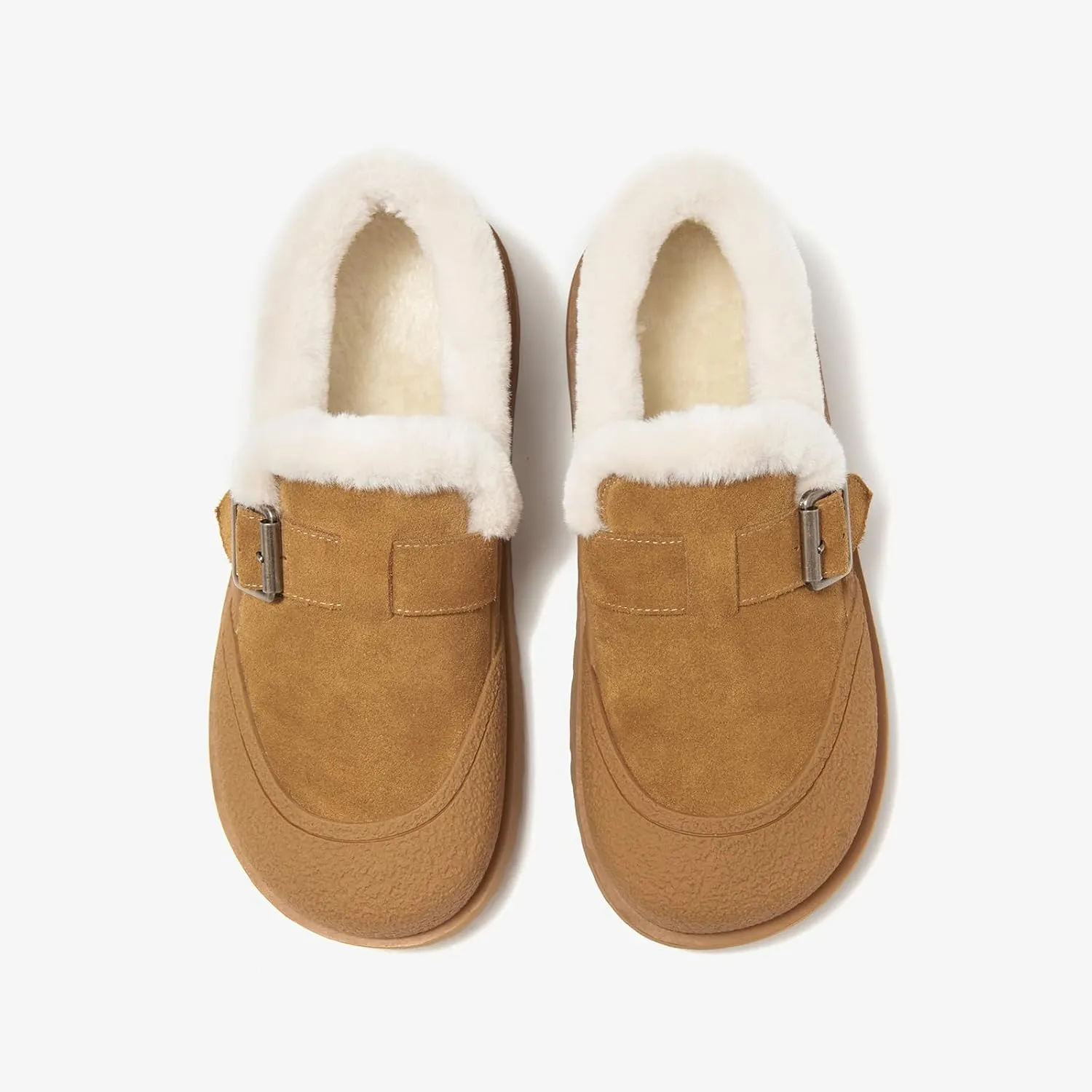 BEAU TODAY Women Winter Loafers,Platform Suede Leather Comfortable Loafers for Women,Slip On Cute Fur Lined Adjustable Loafers Mules