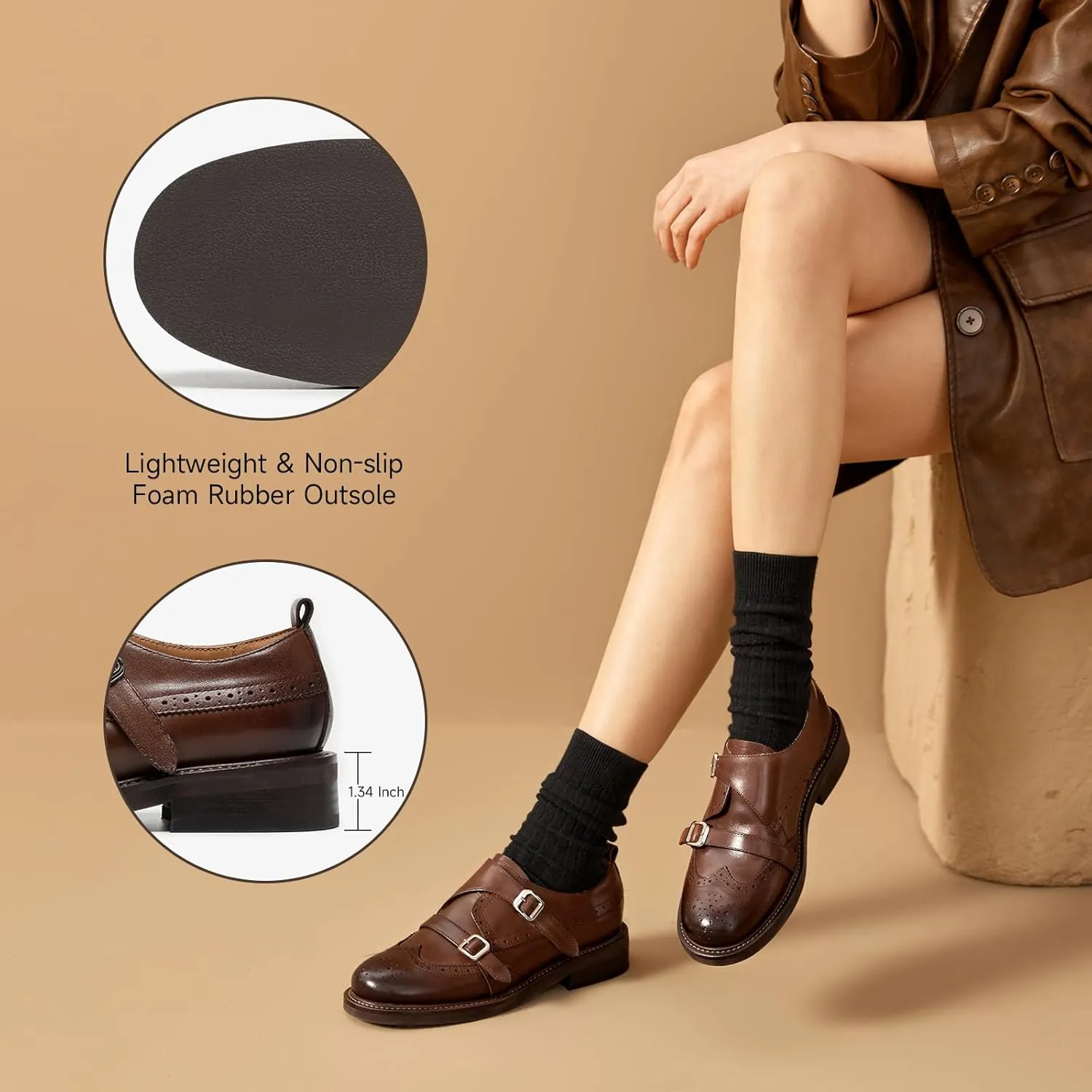 BEAU TODAY Women's Leather Loafers, Monk Strap Loafers Women, Dressy Round Toe Loafer Flats, Comfortable Business Casual Brogue Shoes