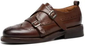 BEAU TODAY Women's Leather Loafers, Monk Strap Loafers Women, Dressy Round Toe Loafer Flats, Comfortable Business Casual Brogue Shoes