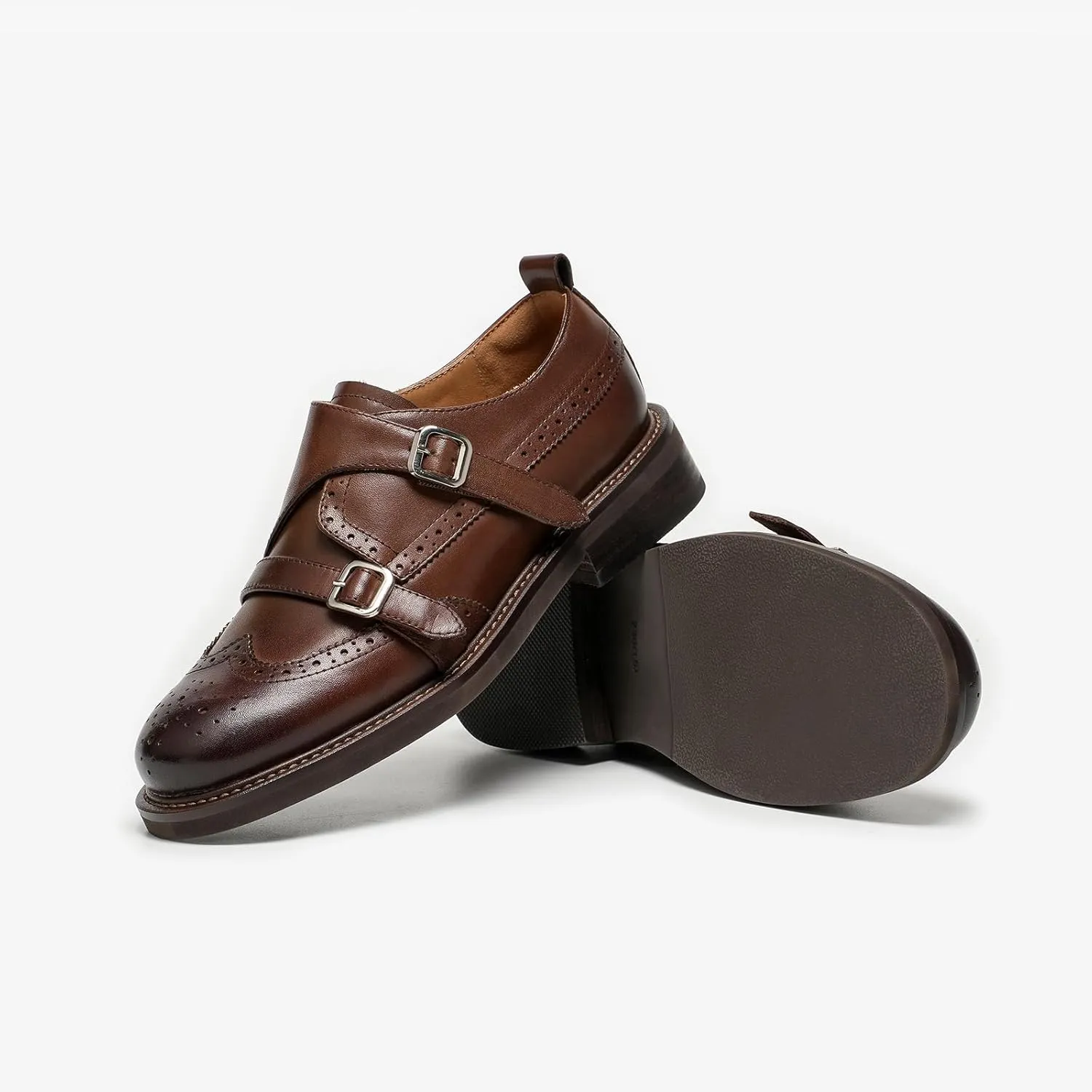 BEAU TODAY Women's Leather Loafers, Monk Strap Loafers Women, Dressy Round Toe Loafer Flats, Comfortable Business Casual Brogue Shoes