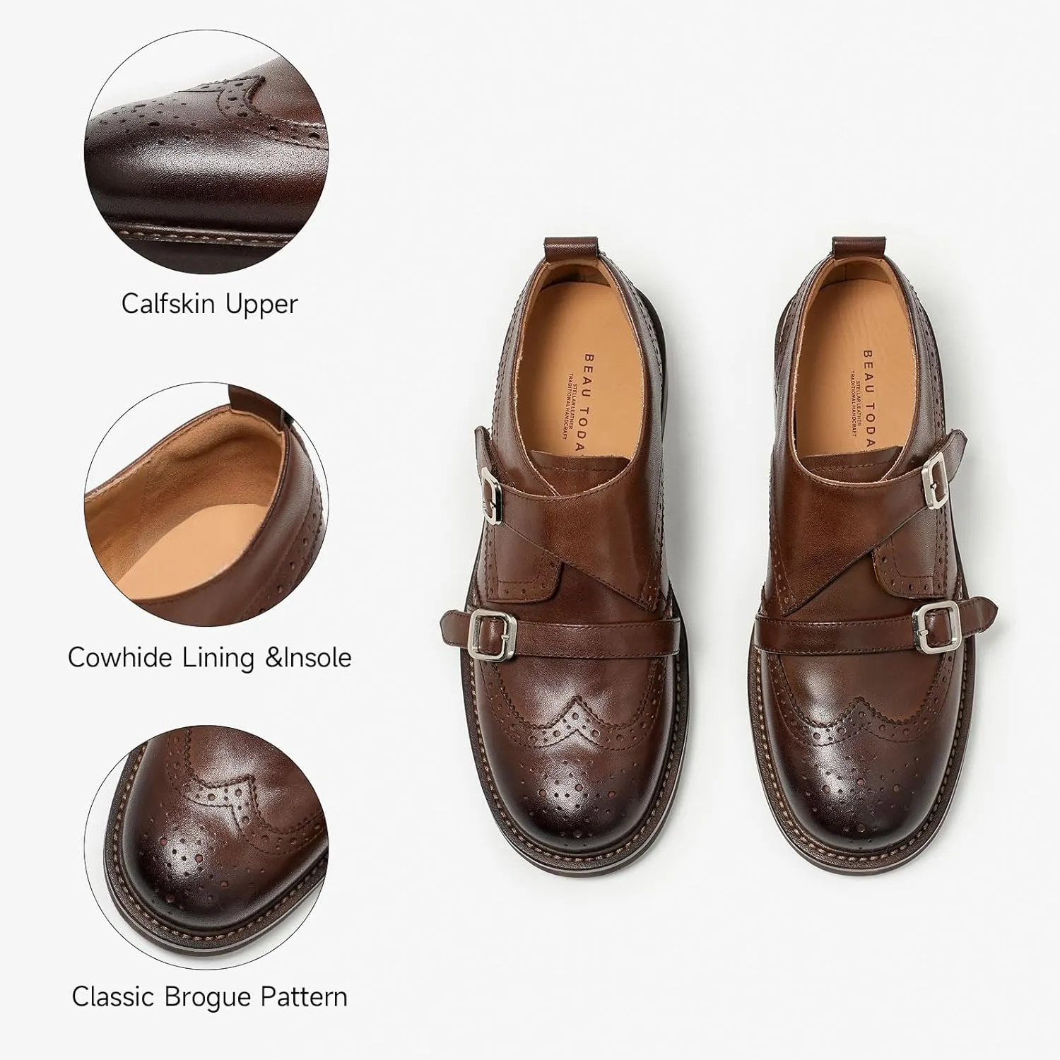 BEAU TODAY Women's Leather Loafers, Monk Strap Loafers Women, Dressy Round Toe Loafer Flats, Comfortable Business Casual Brogue Shoes
