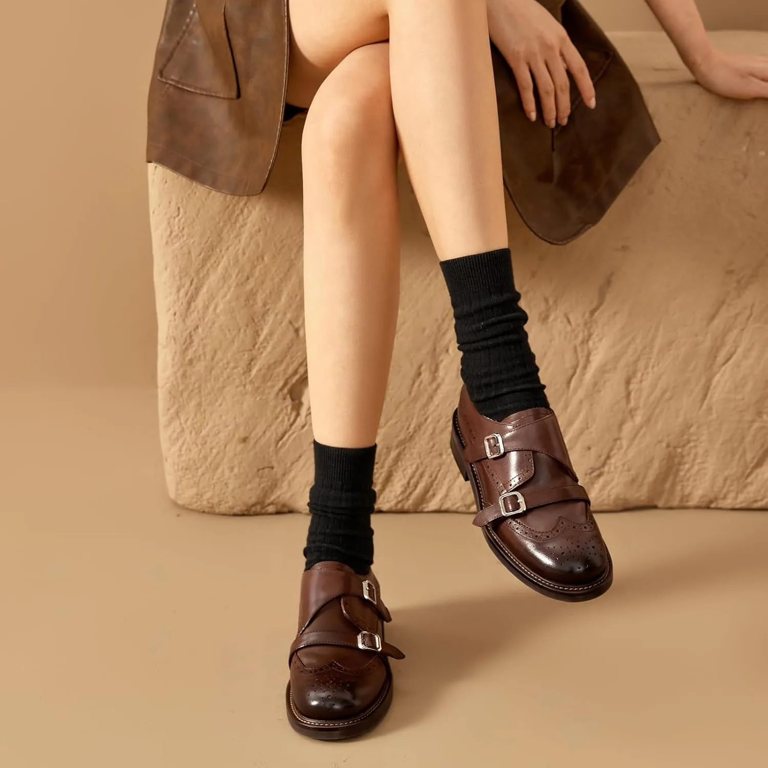BEAU TODAY Women's Leather Loafers, Monk Strap Loafers Women, Dressy Round Toe Loafer Flats, Comfortable Business Casual Brogue Shoes
