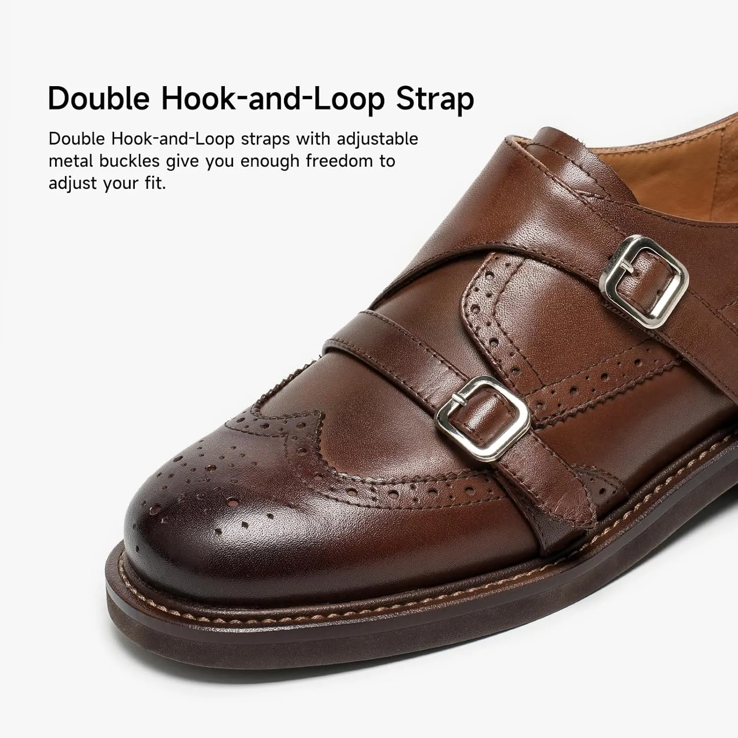 BEAU TODAY Women's Leather Loafers, Monk Strap Loafers Women, Dressy Round Toe Loafer Flats, Comfortable Business Casual Brogue Shoes
