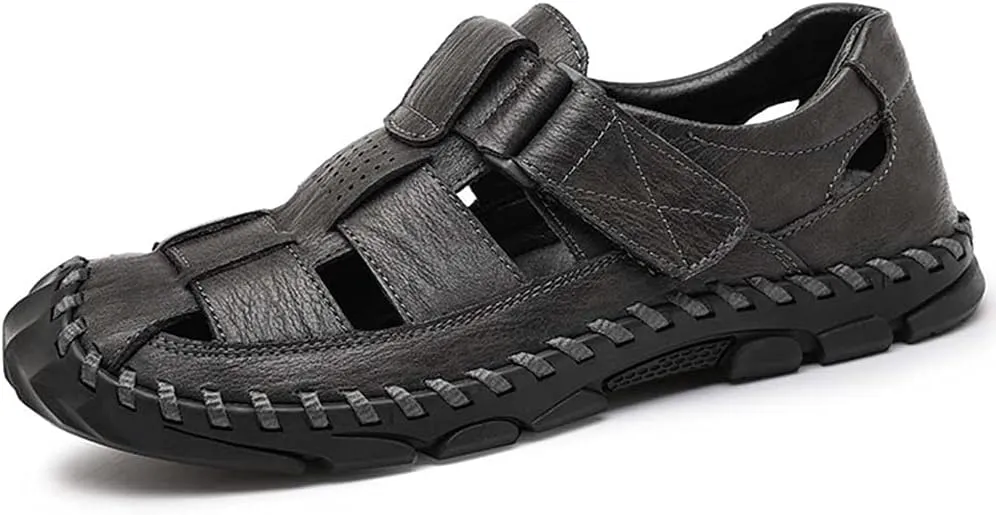 Bitiger Mens Closed Toe Leather Sandals Outdoor Adjustable Fisherman Sandals