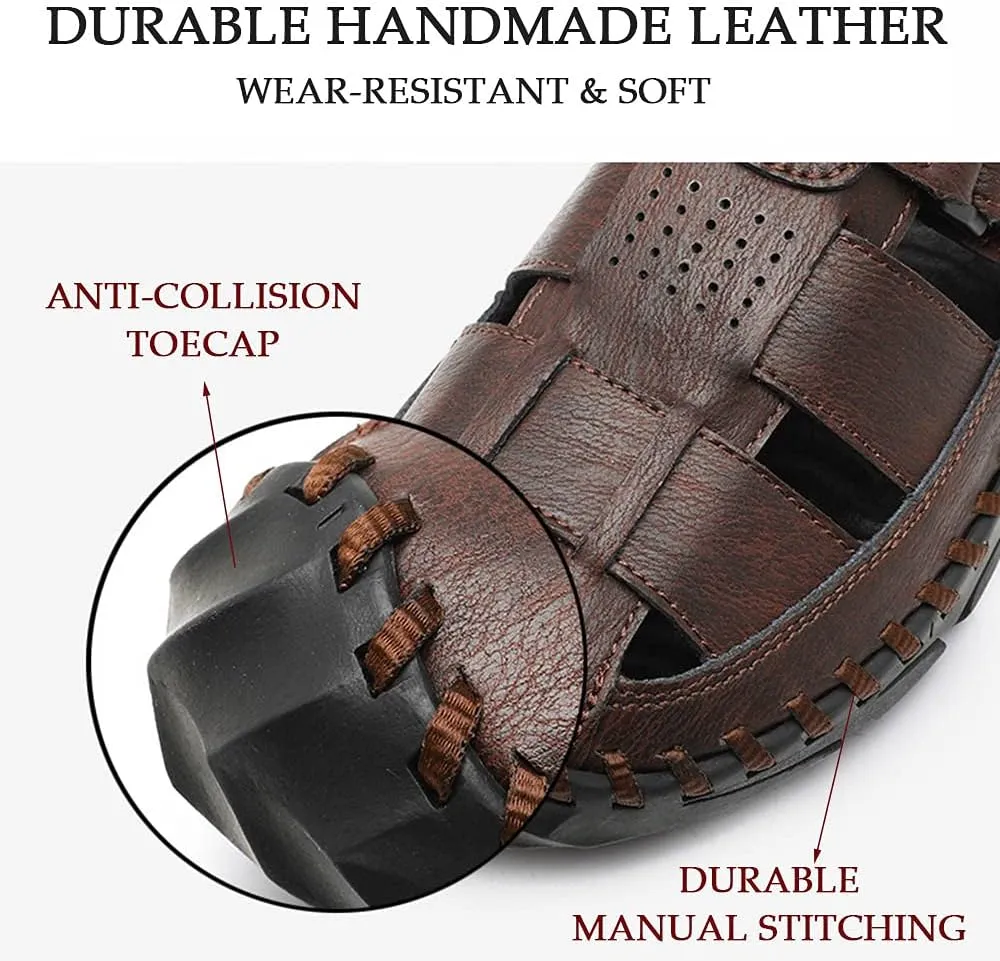 Bitiger Mens Closed Toe Leather Sandals Outdoor Adjustable Fisherman Sandals