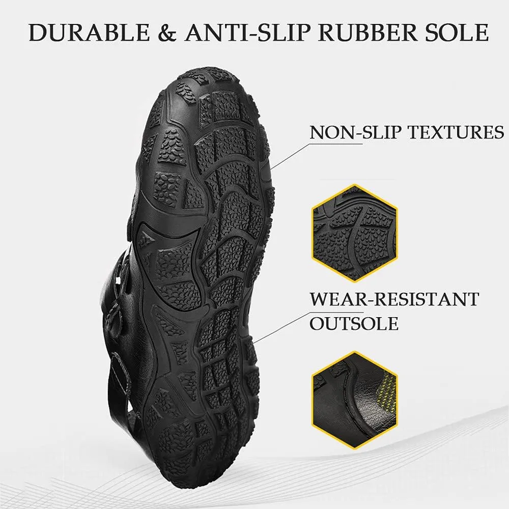 Bitiger Mens Closed Toe Leather Sandals Outdoor Adjustable Fisherman Sandals