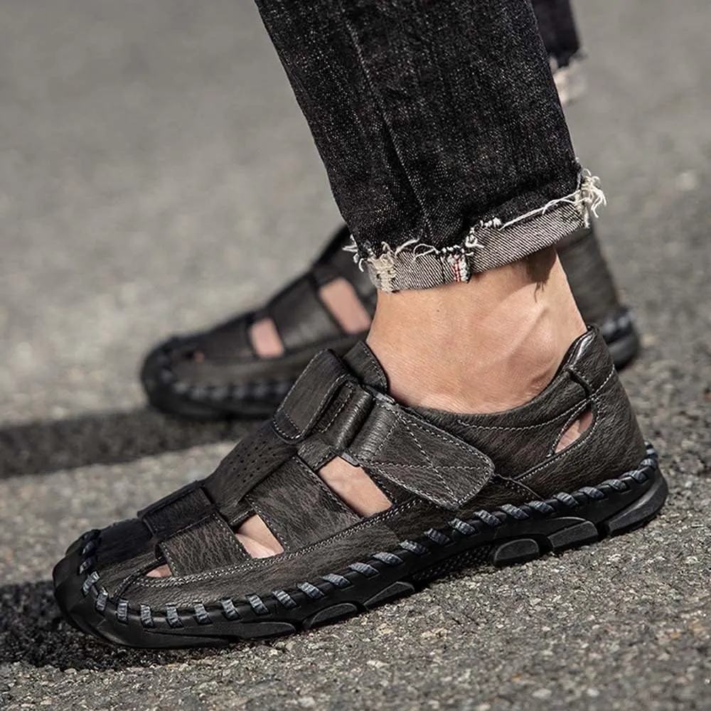 Bitiger Mens Closed Toe Leather Sandals Outdoor Adjustable Fisherman Sandals