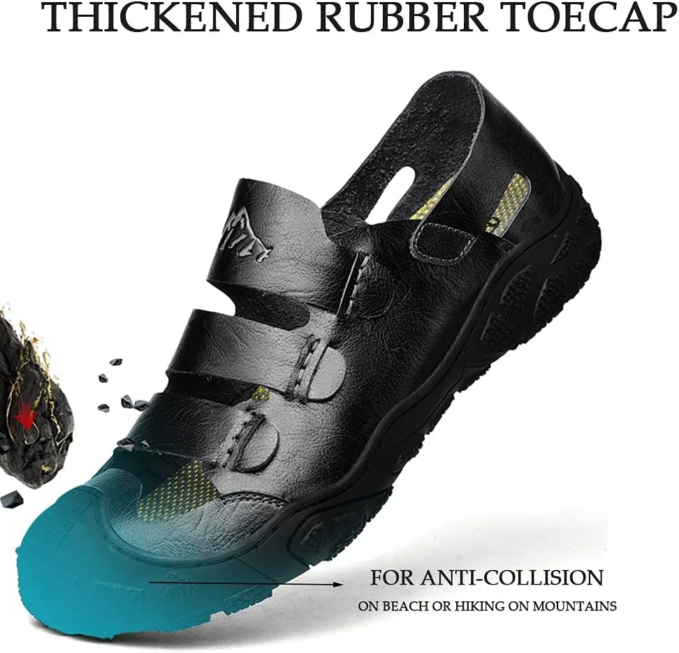 Bitiger Mens Closed Toe Leather Sandals Outdoor Adjustable Fisherman Sandals