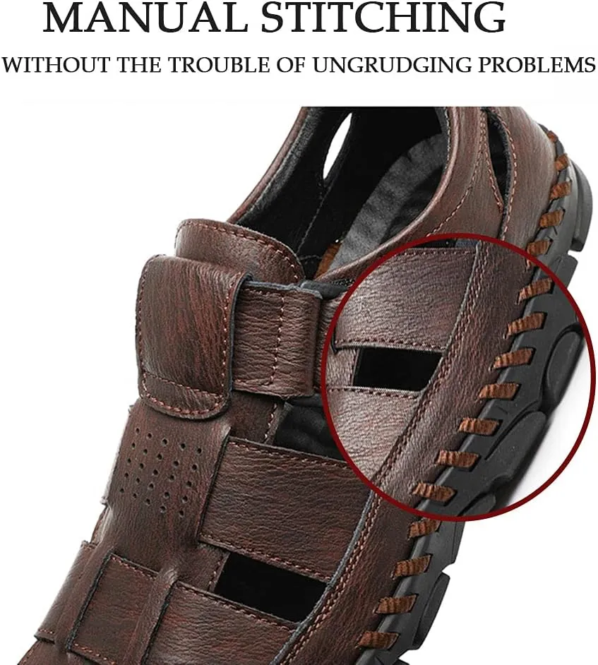 Bitiger Mens Closed Toe Leather Sandals Outdoor Adjustable Fisherman Sandals