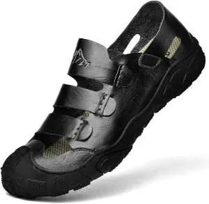 Bitiger Mens Closed Toe Leather Sandals Outdoor Adjustable Fisherman Sandals