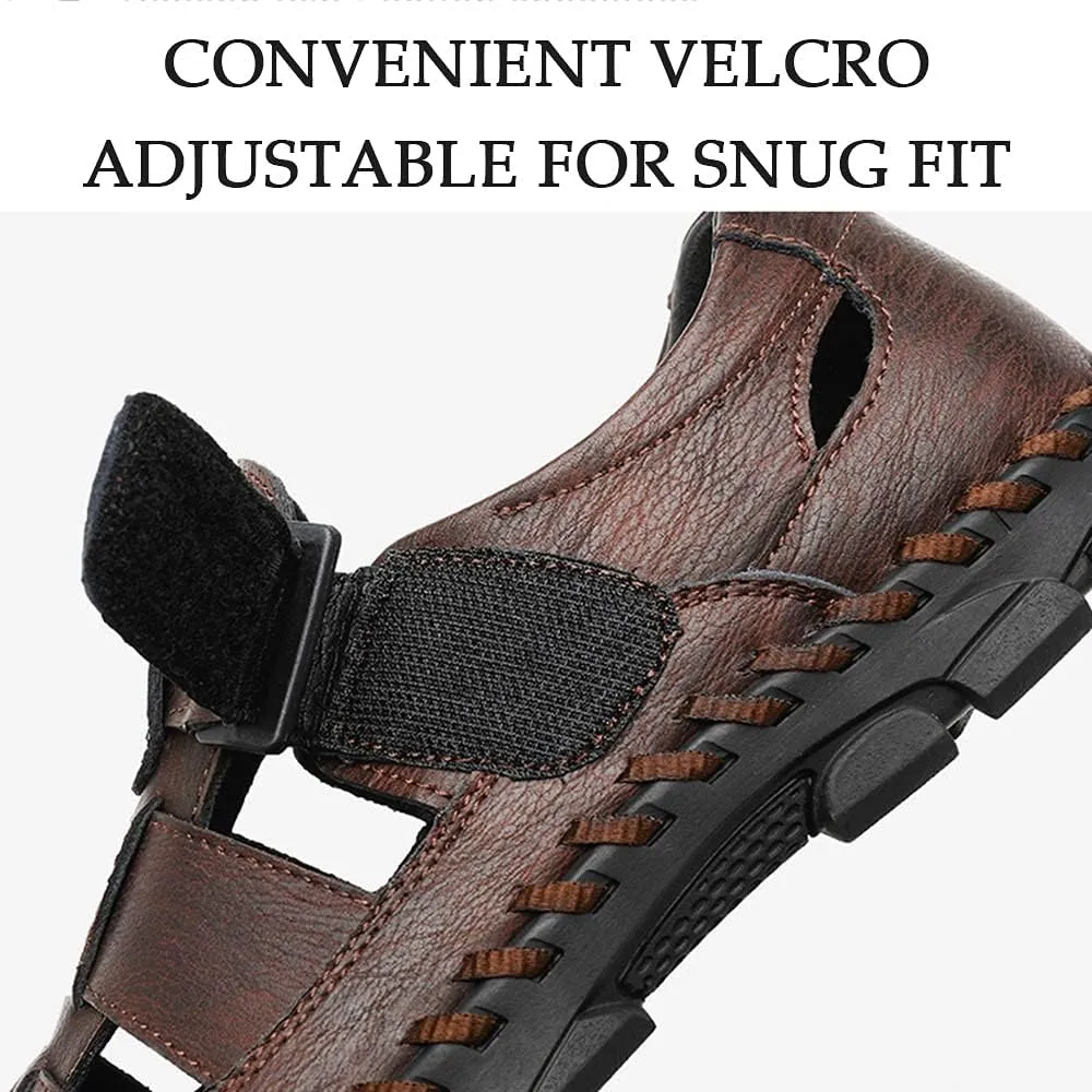 Bitiger Mens Closed Toe Leather Sandals Outdoor Adjustable Fisherman Sandals