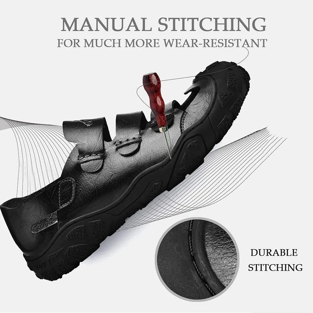 Bitiger Mens Closed Toe Leather Sandals Outdoor Adjustable Fisherman Sandals