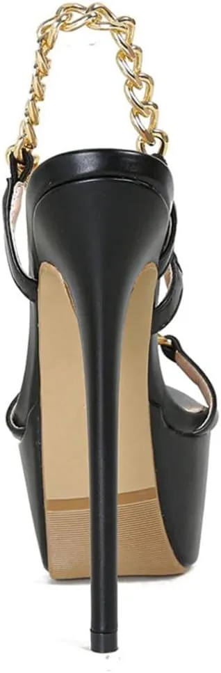 Black Chain-Strap Platform Sandals Women's Open-Toe Extreme High Heels Summer Party Shoes