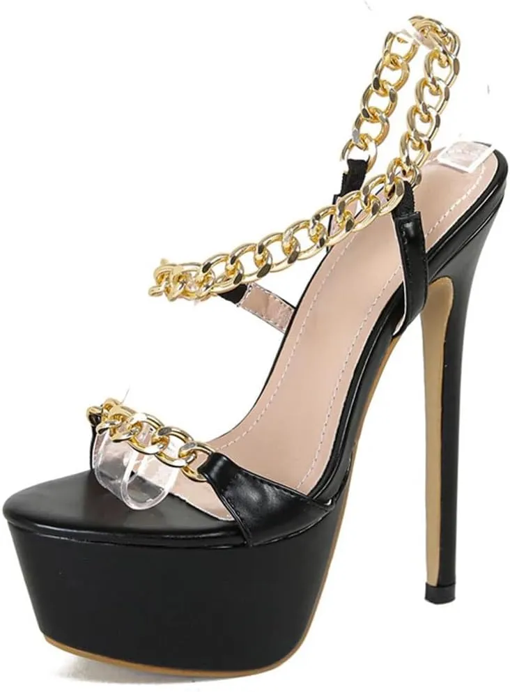 Black Chain-Strap Platform Sandals Women's Open-Toe Extreme High Heels Summer Party Shoes