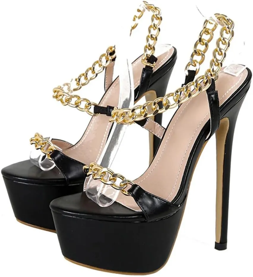 Black Chain-Strap Platform Sandals Women's Open-Toe Extreme High Heels Summer Party Shoes