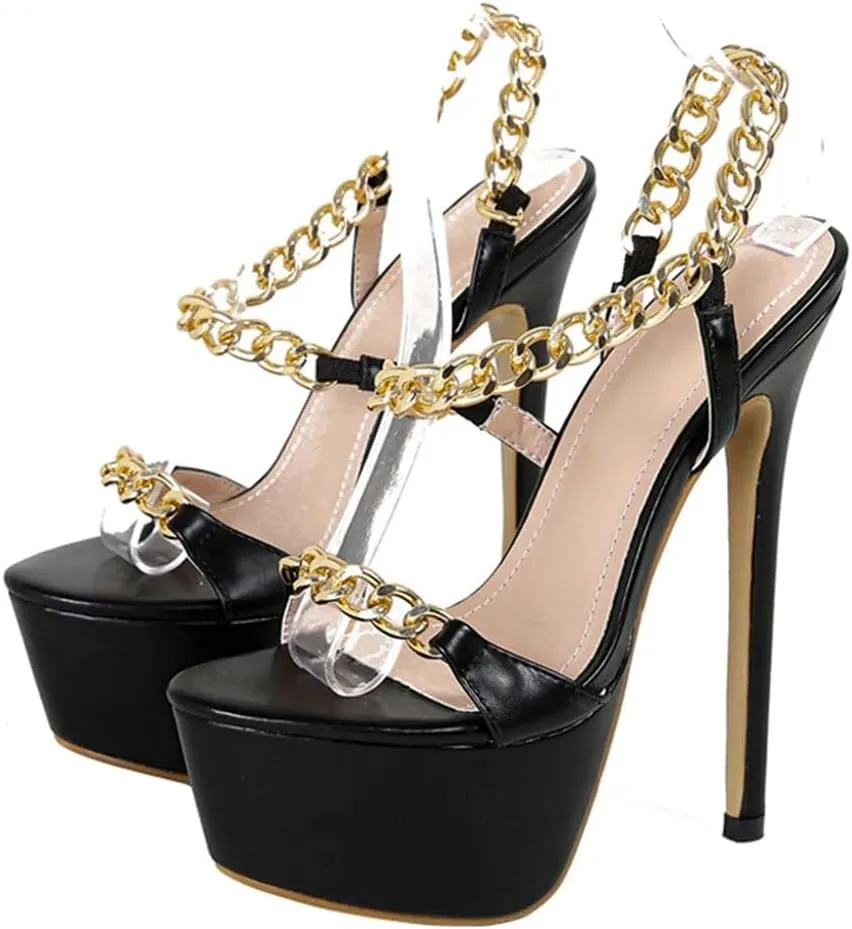 Black Chain-Strap Platform Sandals Women's Open-Toe Extreme High Heels Summer Party Shoes