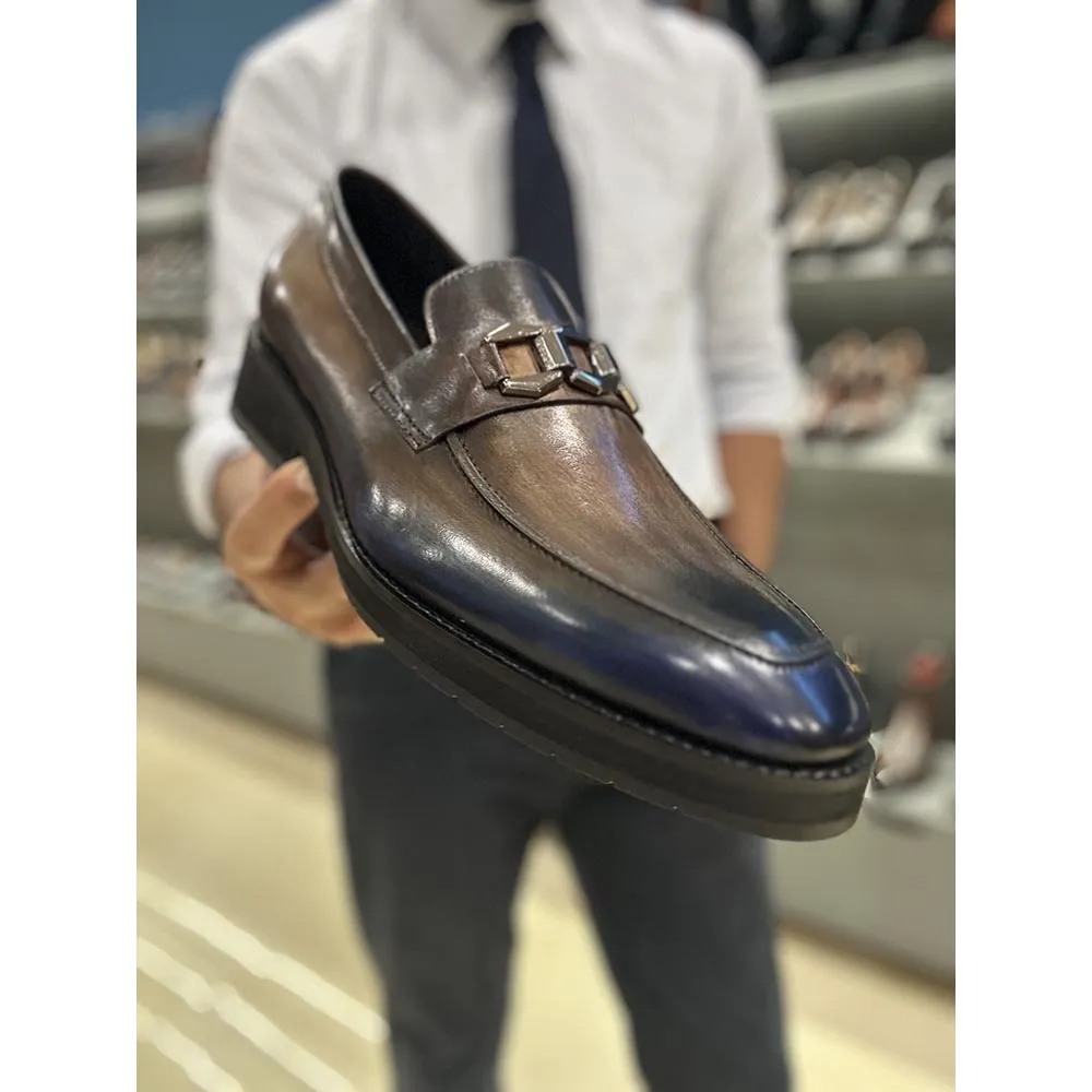 Blue   Grey Mirror Glossed Patina Dual Tone Buckle Loafer   Extralight Sole