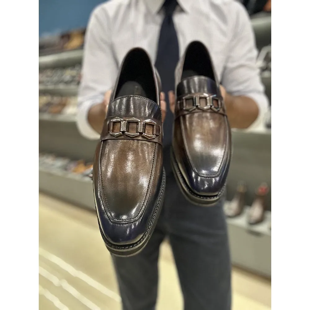 Blue   Grey Mirror Glossed Patina Dual Tone Buckle Loafer   Extralight Sole