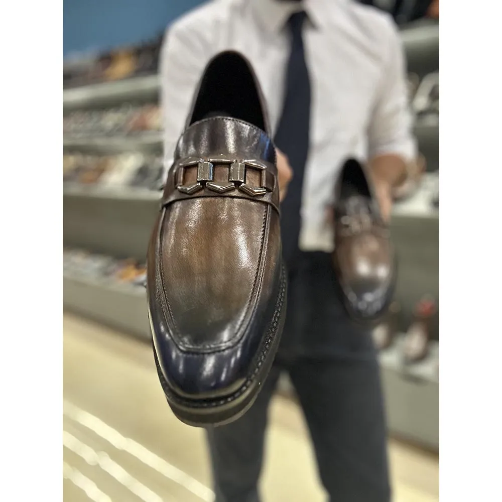 Blue   Grey Mirror Glossed Patina Dual Tone Buckle Loafer   Extralight Sole