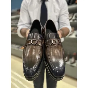 Blue   Grey Mirror Glossed Patina Dual Tone Buckle Loafer   Extralight Sole