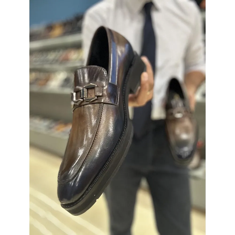 Blue   Grey Mirror Glossed Patina Dual Tone Buckle Loafer   Extralight Sole