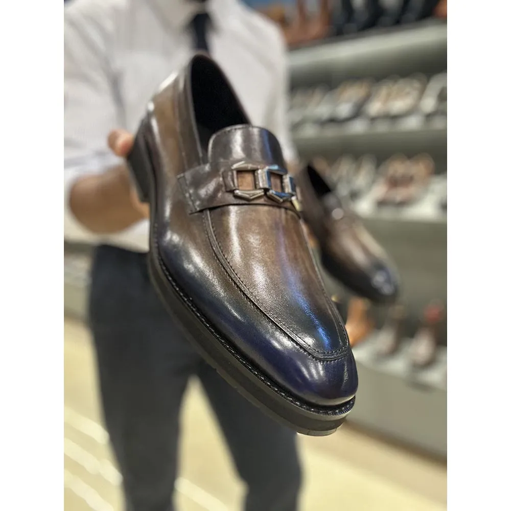 Blue   Grey Mirror Glossed Patina Dual Tone Buckle Loafer   Extralight Sole