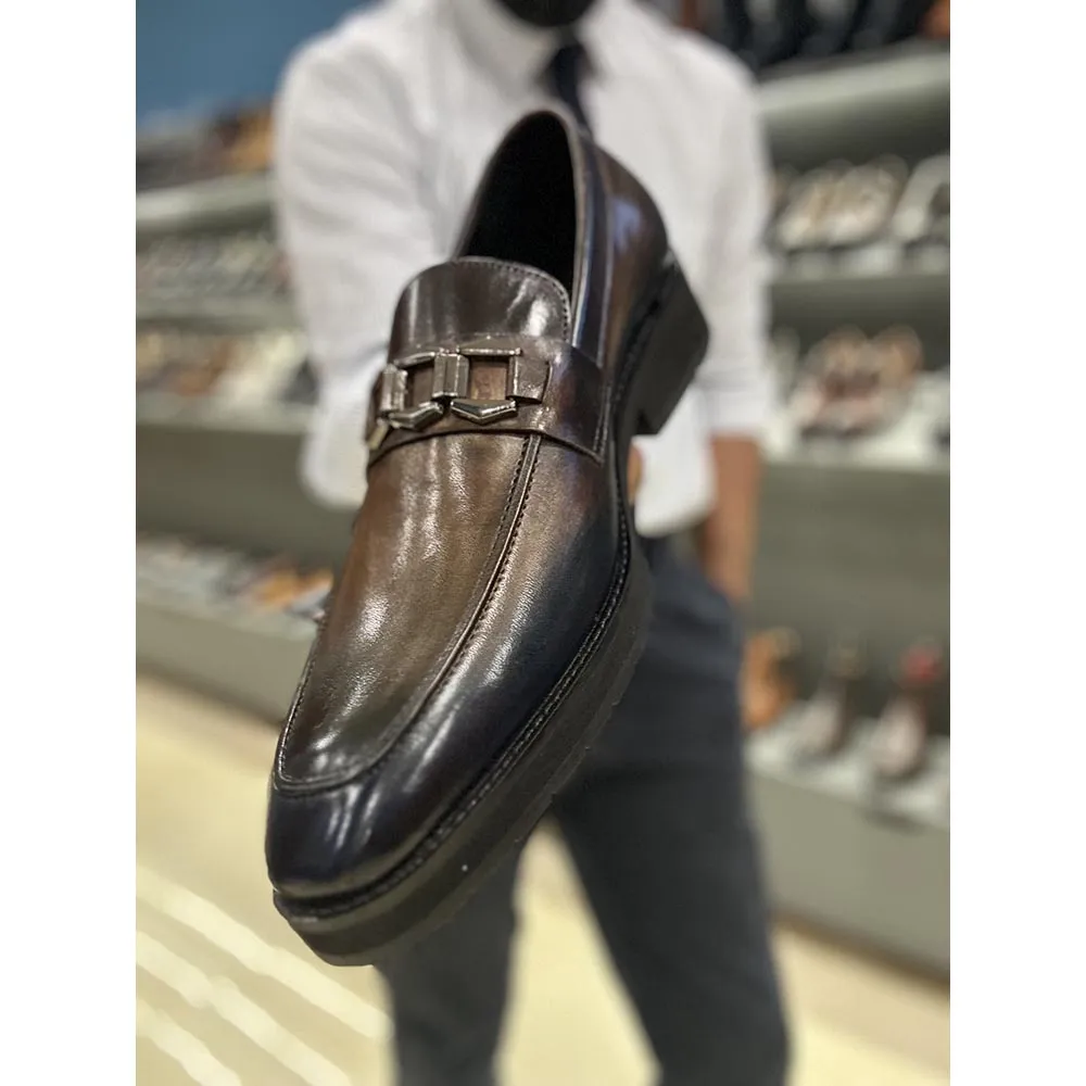 Blue   Grey Mirror Glossed Patina Dual Tone Buckle Loafer   Extralight Sole