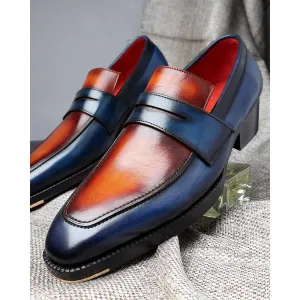 Blue   Tan Mirror Glossed Patina Dual Tone Penny Loafer   Metal Toe