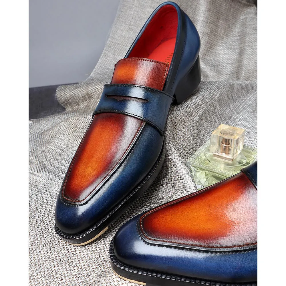 Blue   Tan Mirror Glossed Patina Dual Tone Penny Loafer   Metal Toe