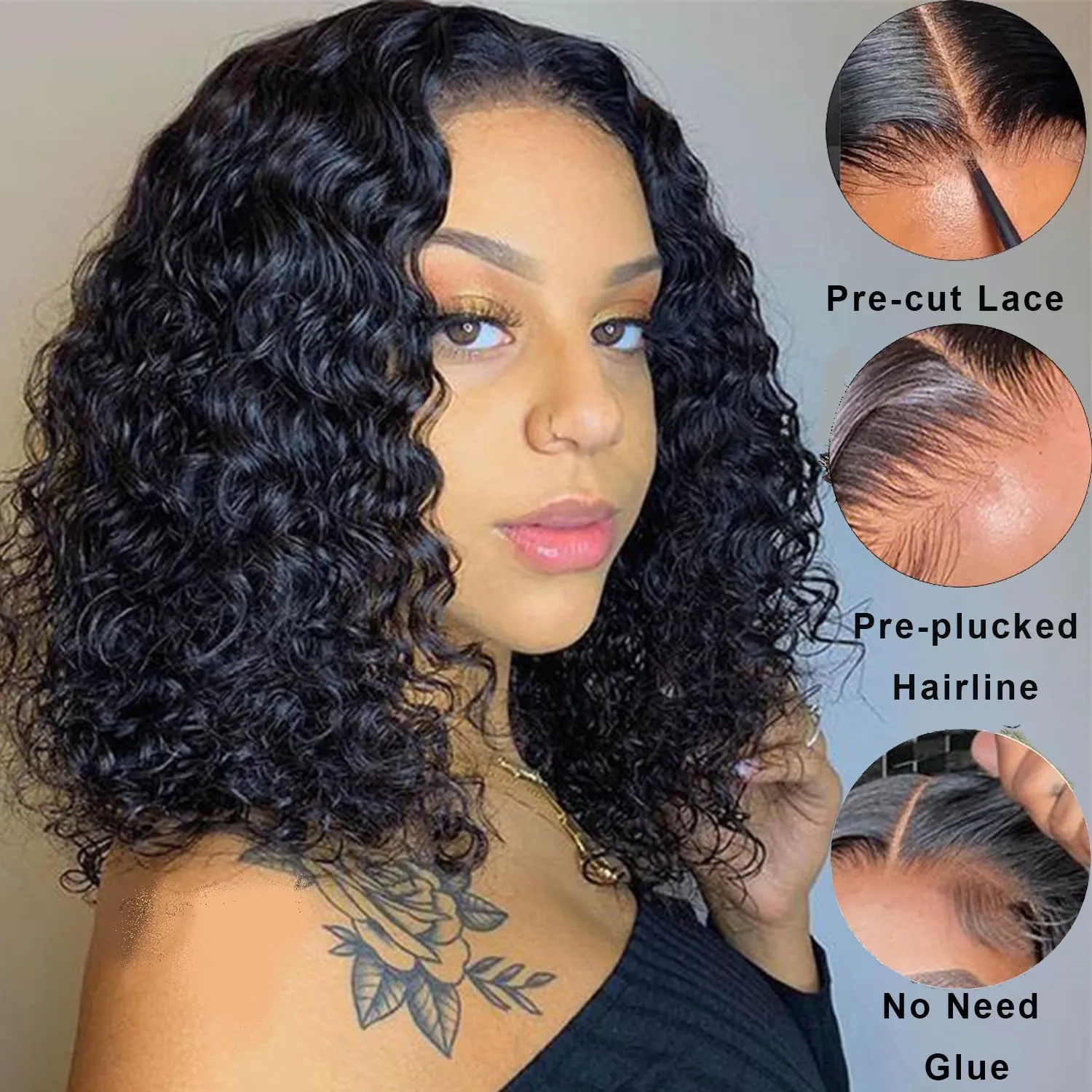 BLY 6x4 HD Lace Glueless Bob Wig Human Hair Ready to Wear and Go Short Bob Lace Pre Cut Wig Deep Wave Hair 12 Inch for Women Pre Plucked Natural Black Color Wet and Wavy