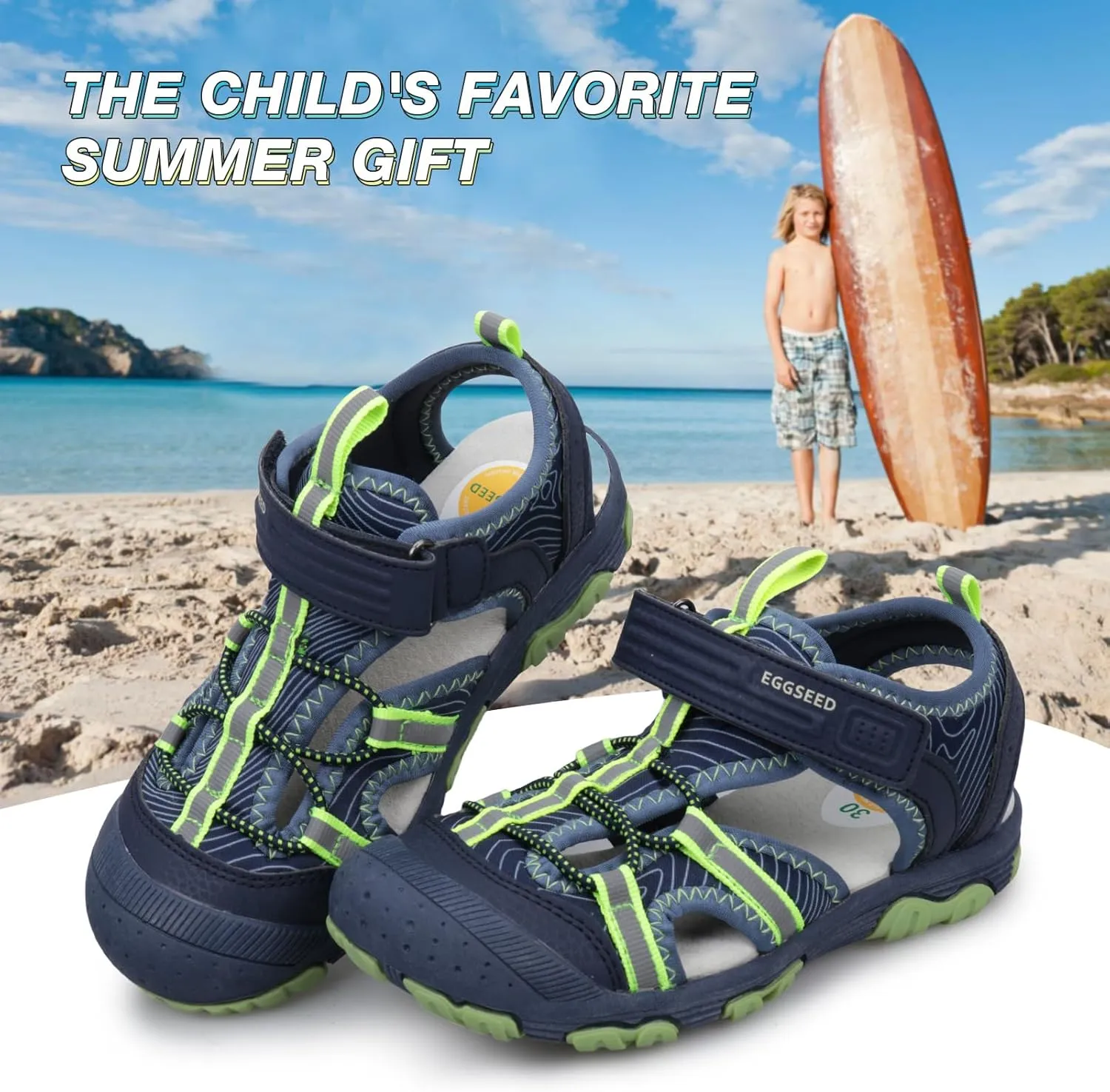 Boys Sport Sandals Summer Closed Toe Hook Loop Outdoor Athletic Walking Shoes (Toddler/Little Kid/Big Kid)