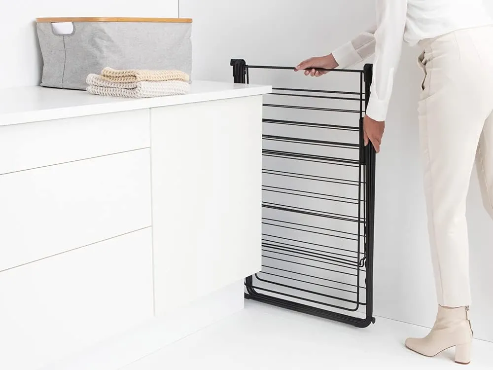Brabantia HangOn Laundry Drying Rack with Garment Rail (82ft / Matt Black) Compact, Foldaway, Adjustable Indoor Stainless Steel Clothes Horse