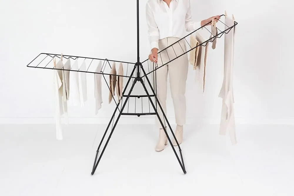 Brabantia HangOn Laundry Drying Rack with Garment Rail (82ft / Matt Black) Compact, Foldaway, Adjustable Indoor Stainless Steel Clothes Horse