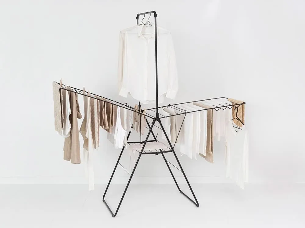 Brabantia HangOn Laundry Drying Rack with Garment Rail (82ft / Matt Black) Compact, Foldaway, Adjustable Indoor Stainless Steel Clothes Horse