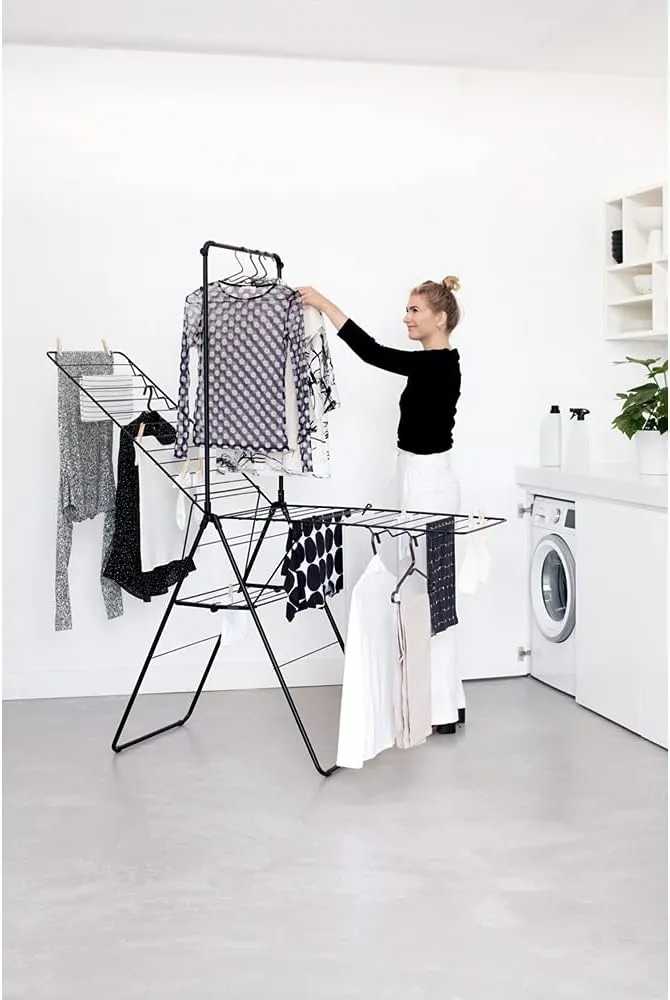 Brabantia HangOn Laundry Drying Rack with Garment Rail (82ft / Matt Black) Compact, Foldaway, Adjustable Indoor Stainless Steel Clothes Horse