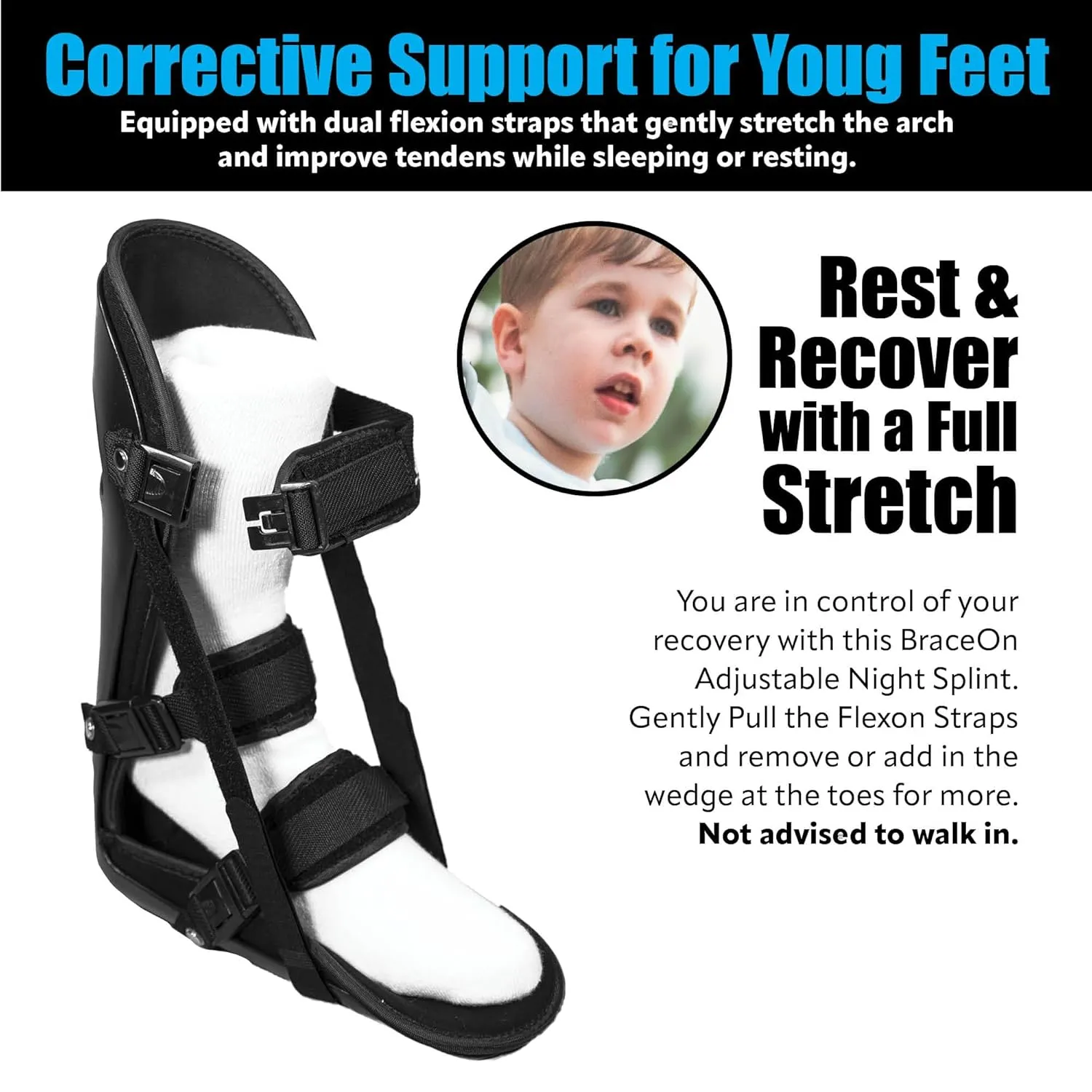 Brace On Kids Adjustable Night Splint - Pediatric Plantar Fasciitis, Achilles Tendon, Heel Spur, Injury, Foot Splint Boot for Children, Black, Size XS