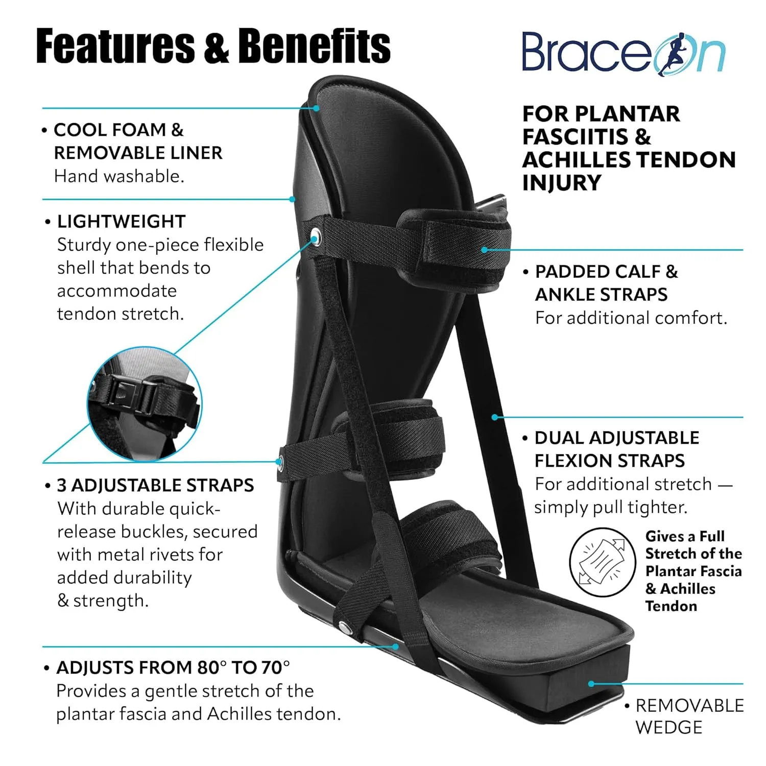 Brace On Kids Adjustable Night Splint - Pediatric Plantar Fasciitis, Achilles Tendon, Heel Spur, Injury, Foot Splint Boot for Children, Black, Size XS