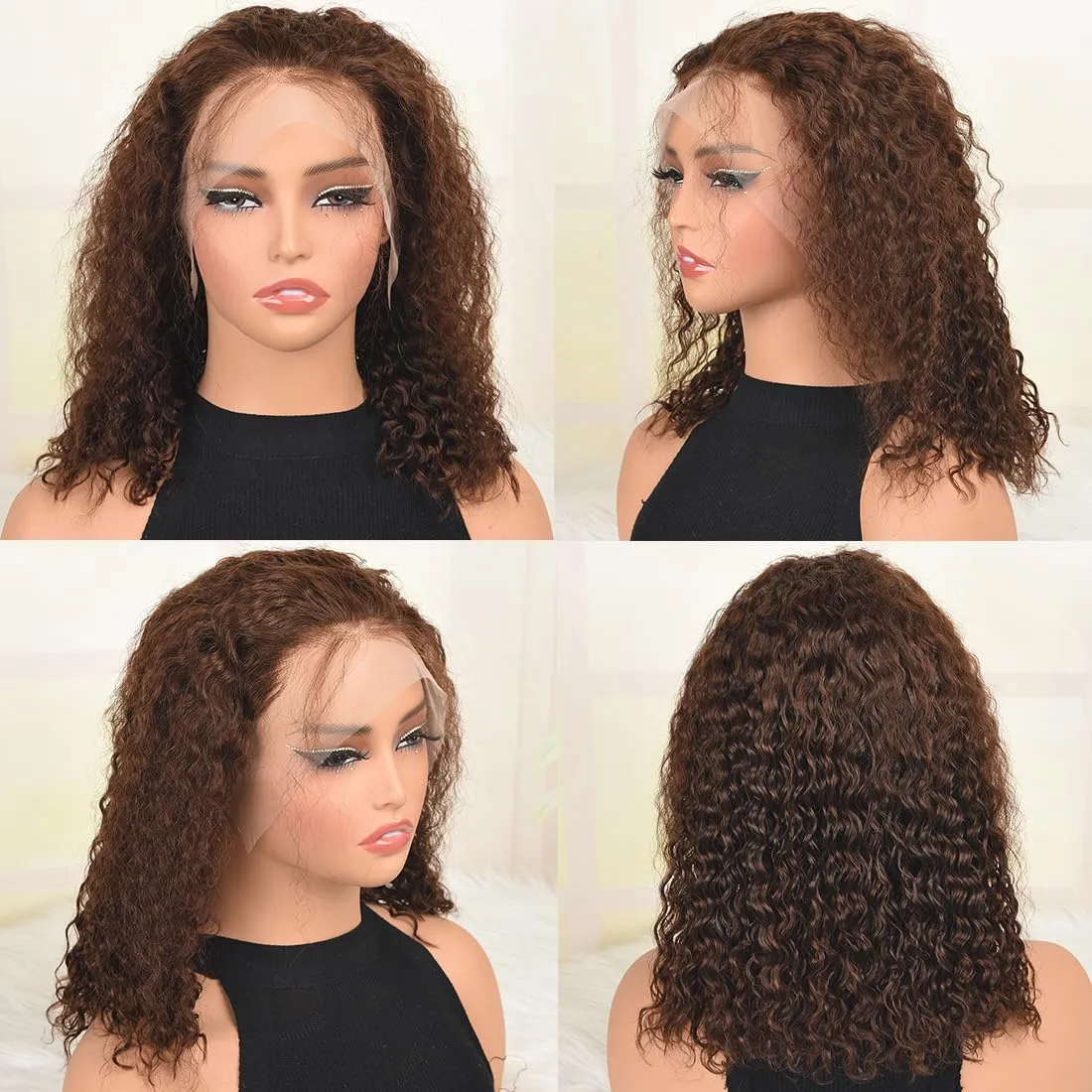 Brown Bob Wig Human Hair Curly Human Hair Bob Wig Chocolate Brown 13x4 Curly Lace Front Wigs Human Hair Pre Plucked 180 Density Deep Curly Glueless Colored Bob Huaman Hair Wigs for Women
