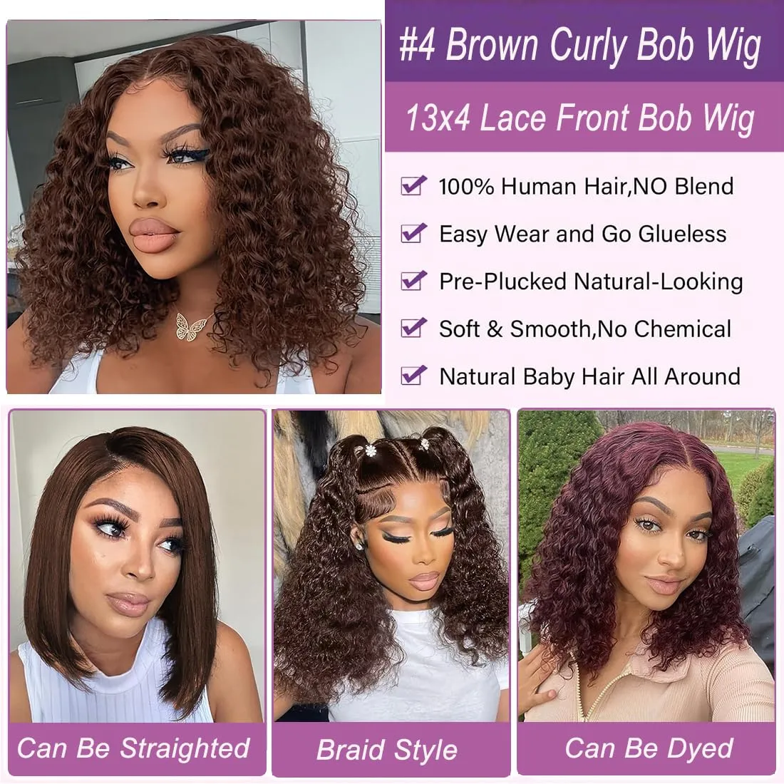 Brown Bob Wig Human Hair Curly Human Hair Bob Wig Chocolate Brown 13x4 Curly Lace Front Wigs Human Hair Pre Plucked 180 Density Deep Curly Glueless Colored Bob Huaman Hair Wigs for Women