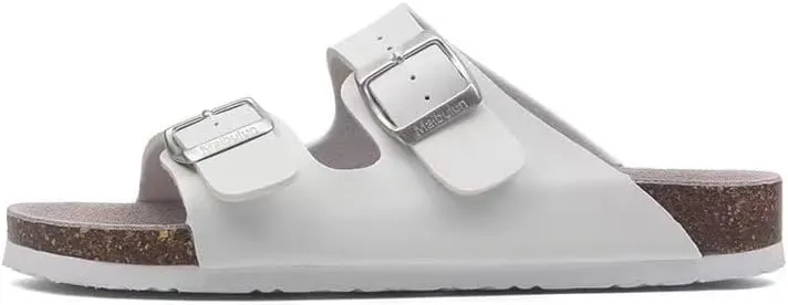 Buckle flat cork slippers summer men's and women's beach line button increase outdoor leisure slippers (White, Adult, Women, 4.5, Numeric Range, US Footwear Size System, 9, Medium)