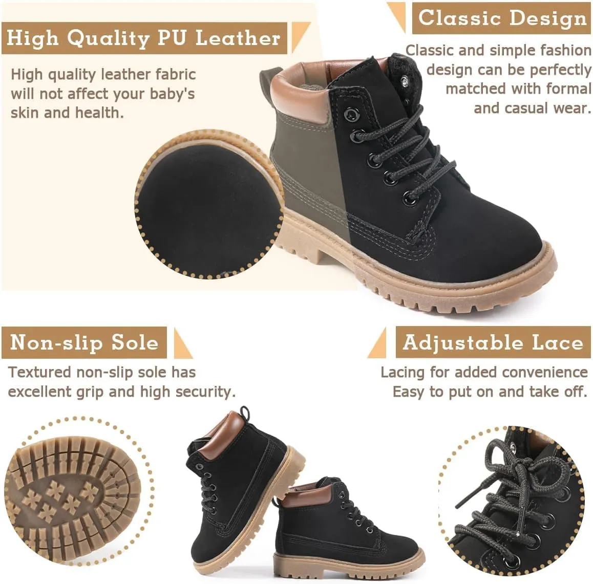 Casazoe Boys Girls Leather Hiking Snow Boots Little Kid High Top Dress Shoes Toddler Lace Up Non-Slip Texture Sole Loafer Ankle Flats Classic Casual Walking Work Boot(Toddler/Little Kid)