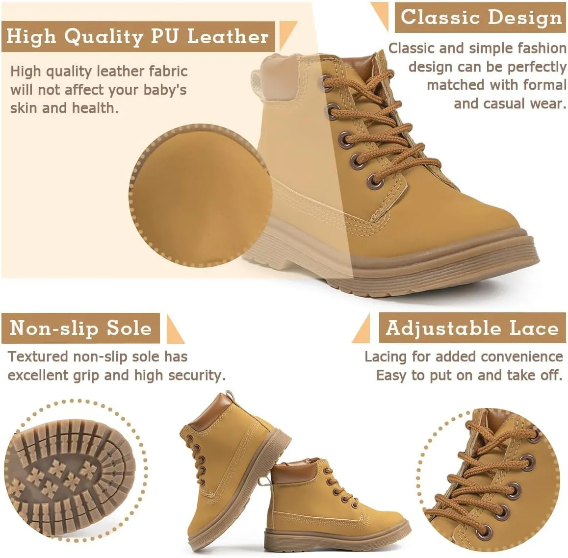 Casazoe Boys Girls Leather Hiking Snow Boots Little Kid High Top Dress Shoes Toddler Lace Up Non-Slip Texture Sole Loafer Ankle Flats Classic Casual Walking Work Boot(Toddler/Little Kid)