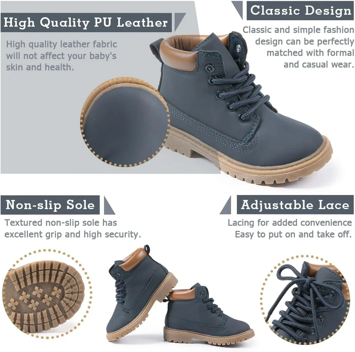 Casazoe Boys Girls Leather Hiking Snow Boots Little Kid High Top Dress Shoes Toddler Lace Up Non-Slip Texture Sole Loafer Ankle Flats Classic Casual Walking Work Boot(Toddler/Little Kid)