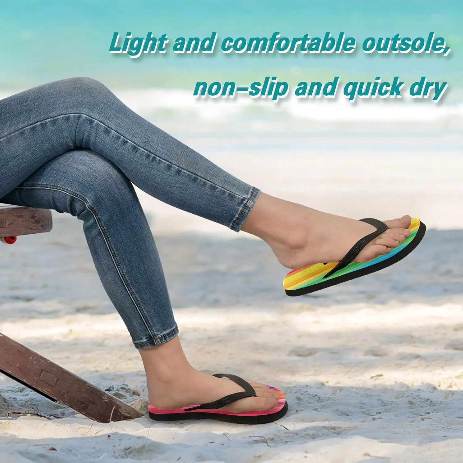 CEBUGI Unisex Flip Flop -Flat Sandal -NonSlip Couple Slippers -Natural Rubber Foam Soles Ultimate Comfort and Durability for Indoor Outdoor|Rainbow Stripes