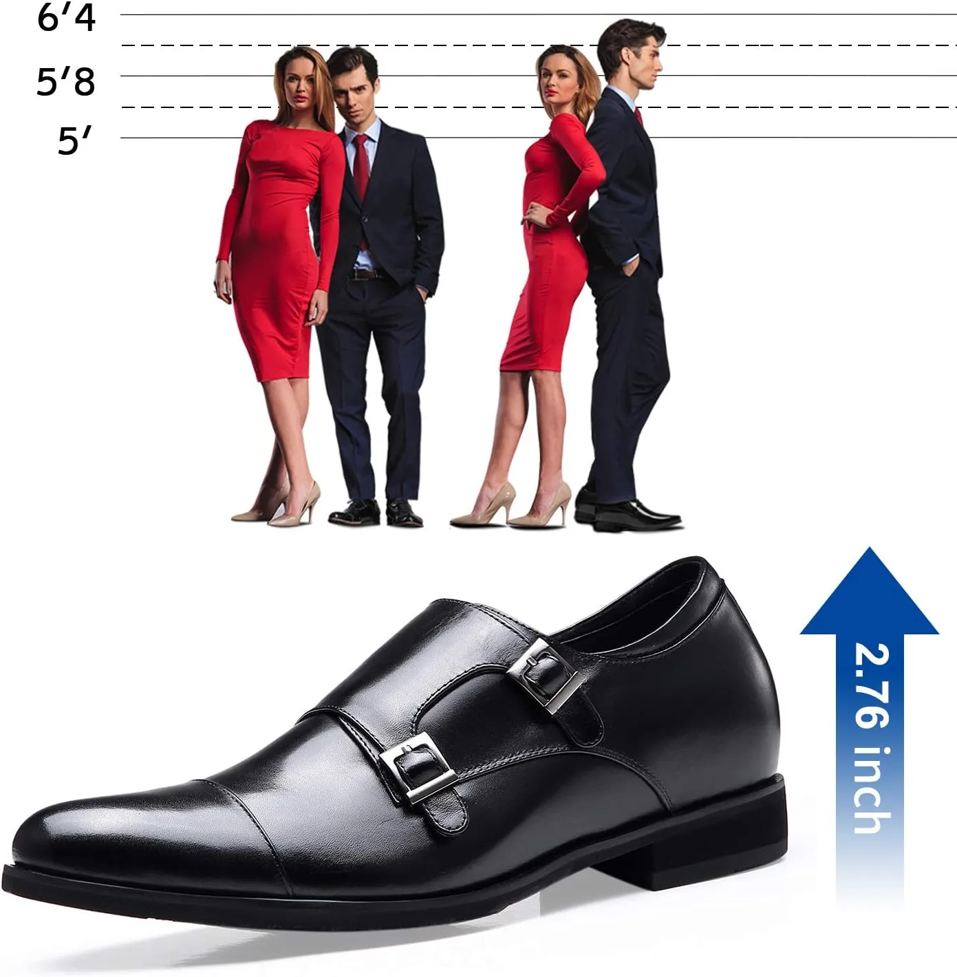 CHAMARIPA Men's Leather Elevator Shoes with Ergonomic Built-in Height Insoles | Breathable Anti-Shift Design, One-Last-One-Size Custom Fit | Enhanced Arch Support & Stealth Height Increase