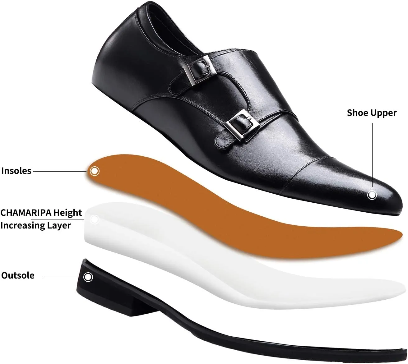 CHAMARIPA Men's Leather Elevator Shoes with Ergonomic Built-in Height Insoles | Breathable Anti-Shift Design, One-Last-One-Size Custom Fit | Enhanced Arch Support & Stealth Height Increase
